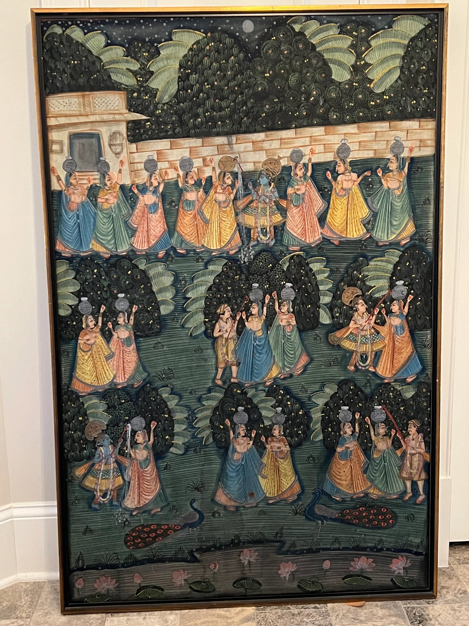 1970s Vintage Large Indian Hindu Lord Krishna With Village Ladies Cloth Painting Gold Gilt Frame - 2