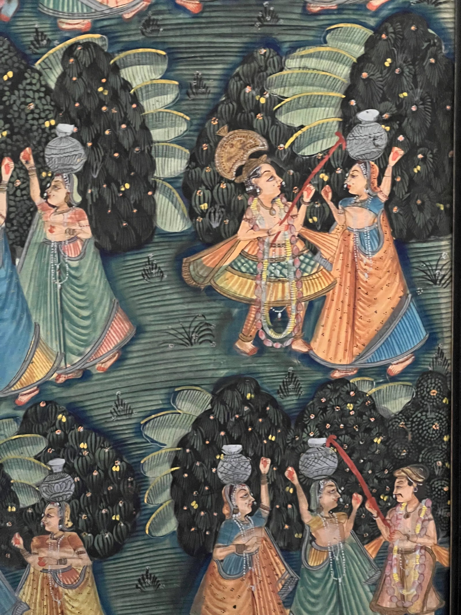 1970s Vintage Large Indian Hindu Lord Krishna With Village Ladies Cloth Painting Gold Gilt Frame - 3