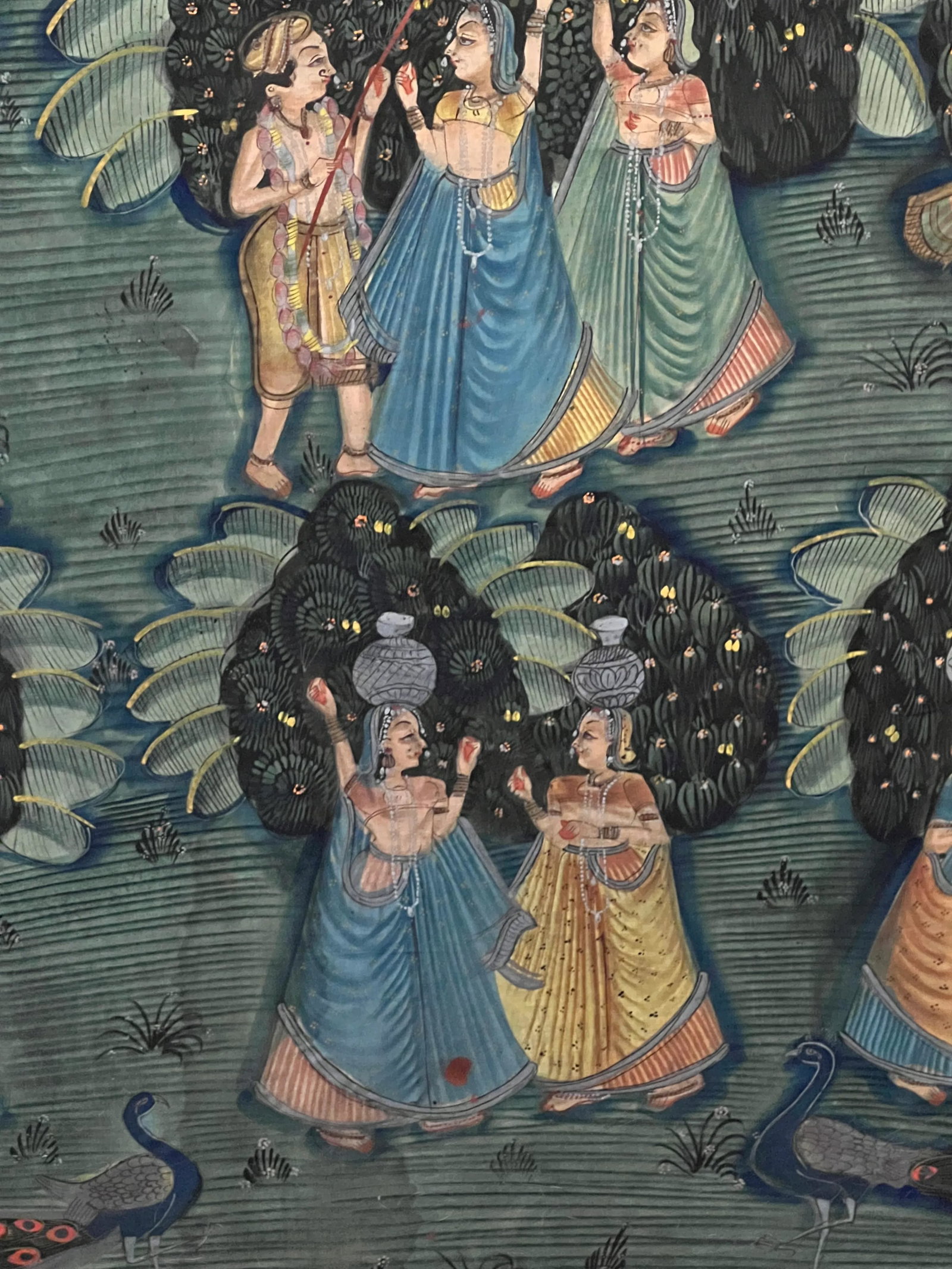 1970s Vintage Large Indian Hindu Lord Krishna With Village Ladies Cloth Painting Gold Gilt Frame - 4