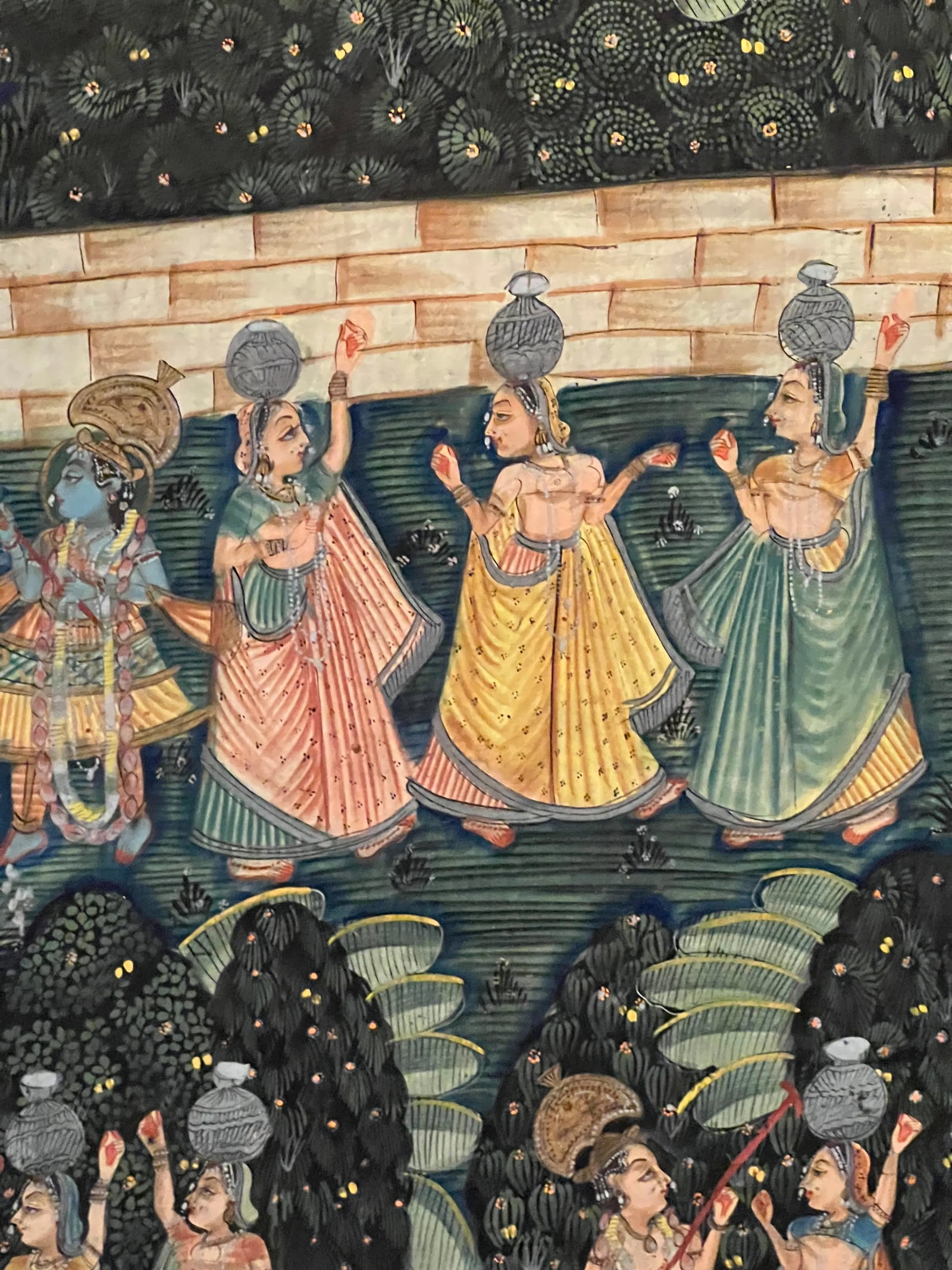 1970s Vintage Large Indian Hindu Lord Krishna With Village Ladies Cloth Painting Gold Gilt Frame - 6