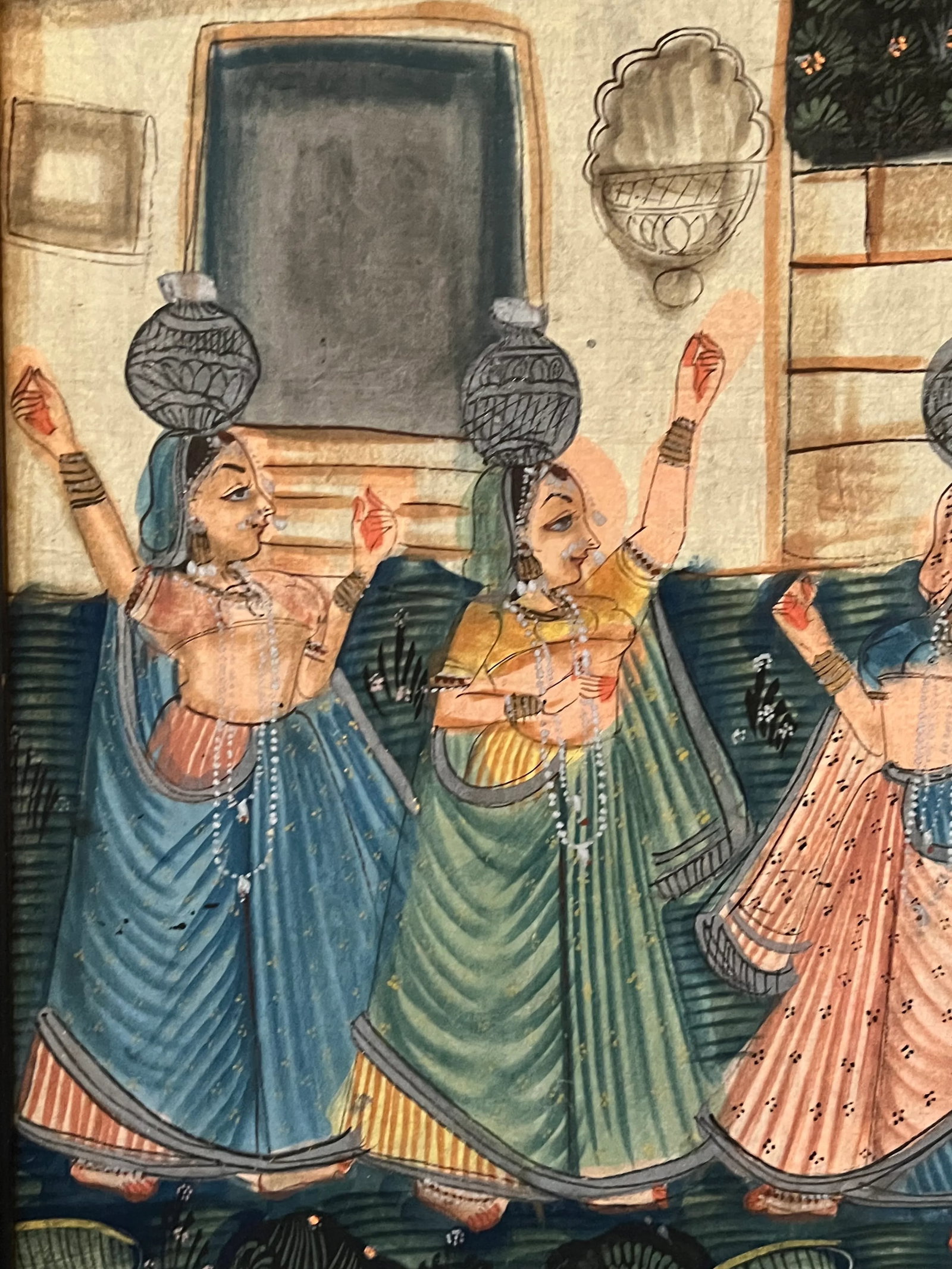 1970s Vintage Large Indian Hindu Lord Krishna With Village Ladies Cloth Painting Gold Gilt Frame - 7
