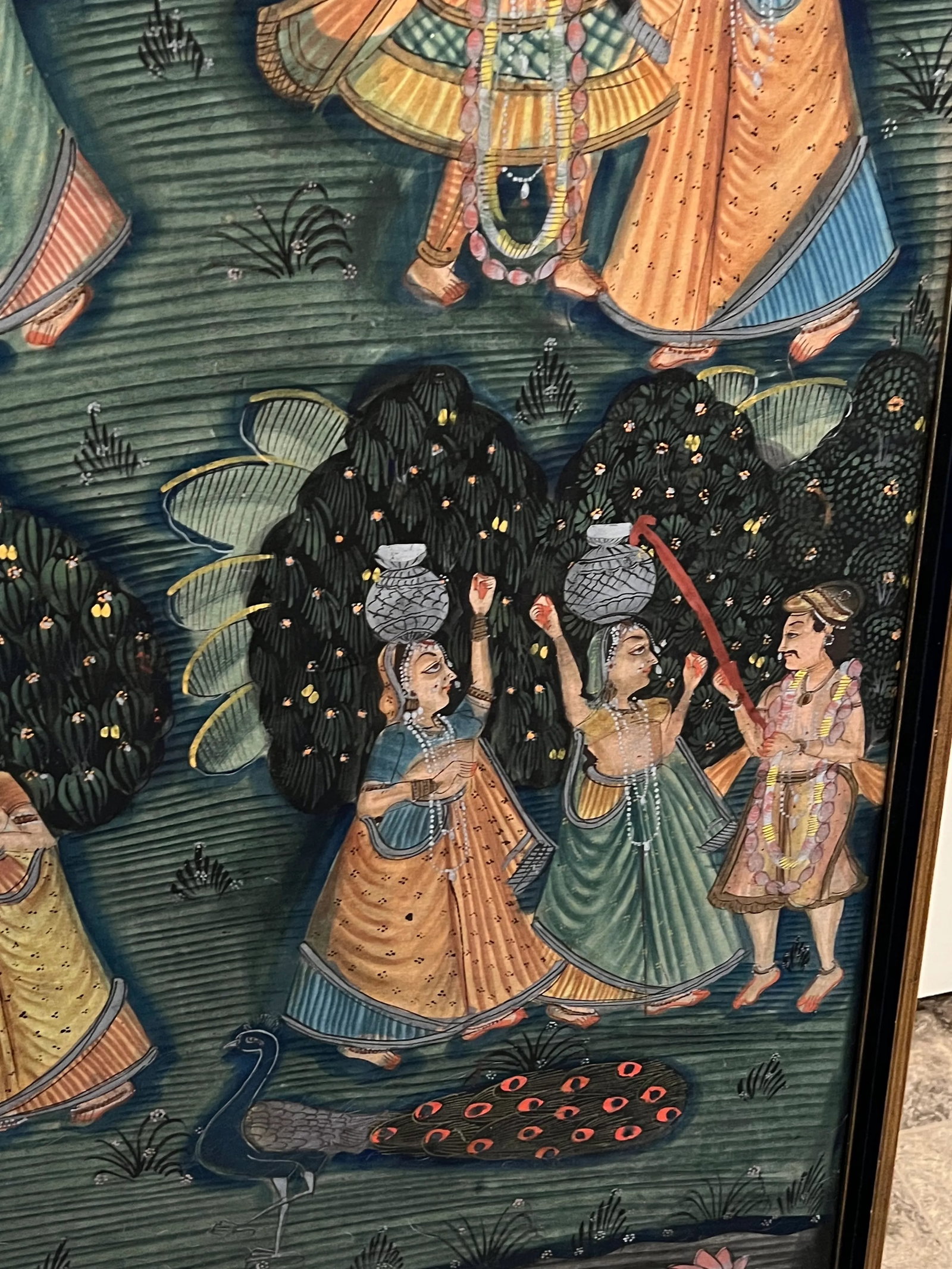 1970s Vintage Large Indian Hindu Lord Krishna With Village Ladies Cloth Painting Gold Gilt Frame - 8