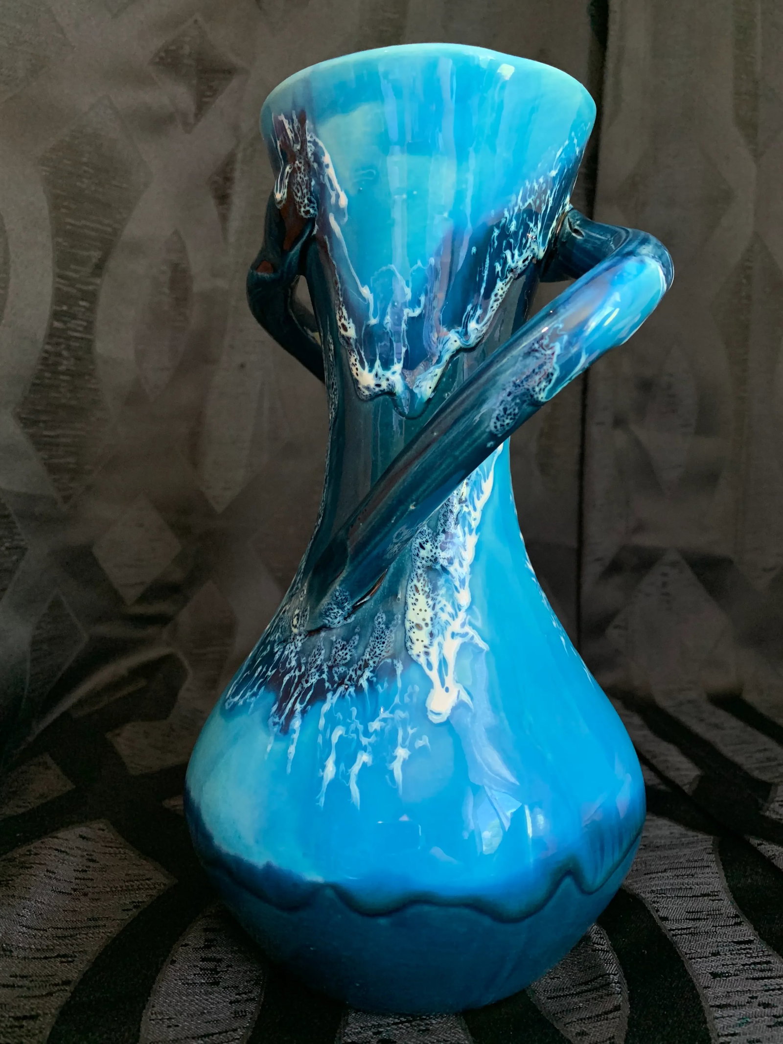 Vintage French Vallauris Turquoise and Cobalt Blue Glaze Ceramic Pottery Vase - 2