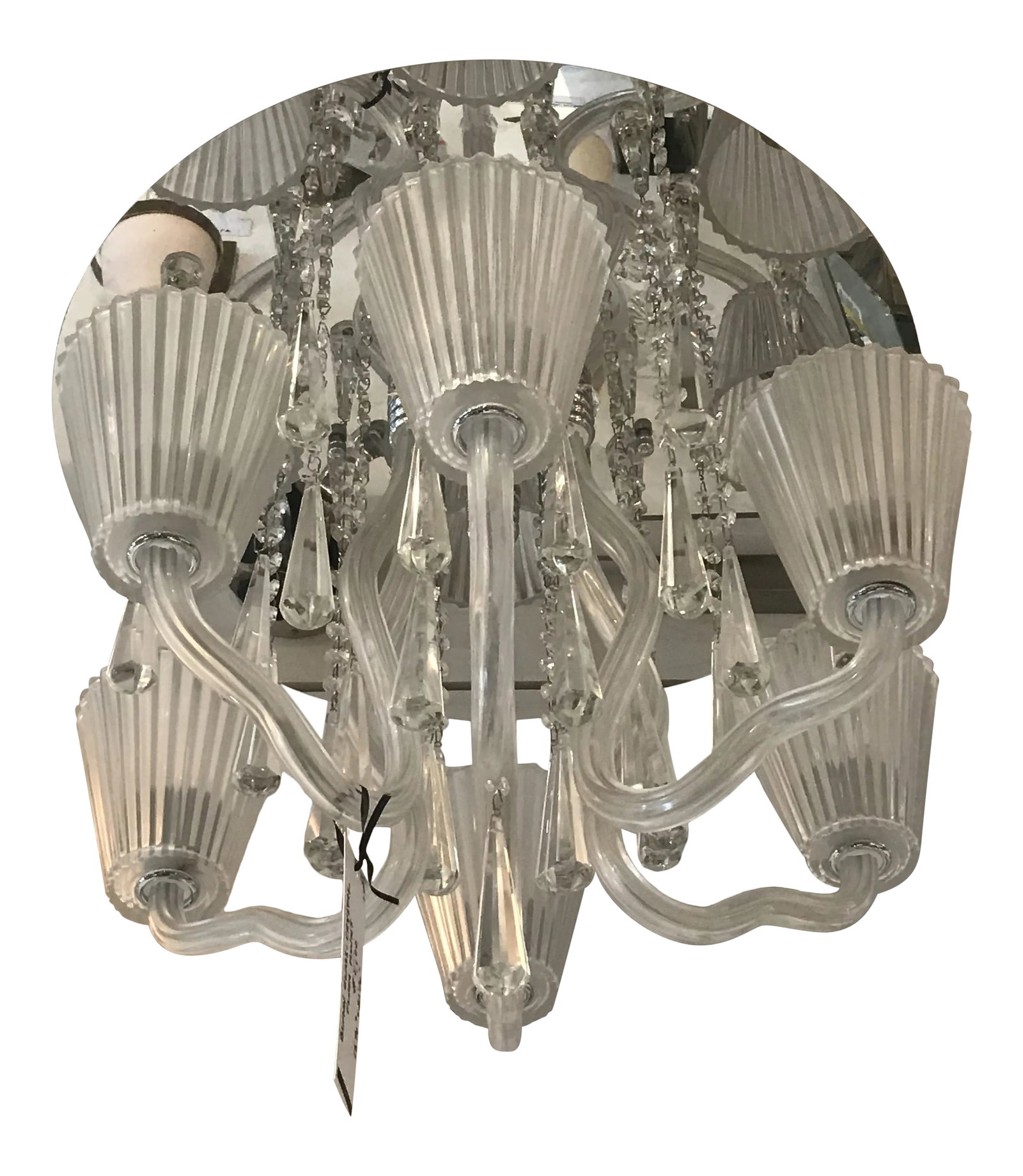 Mirror and Glass Corato Flush Mount Lighting: Blown glass arms elevate crystal shades and strands of crystals that reflect in a mirrored canopy. Brand by Eurofase Lighting Condition: Alterations: Original Condition Unaltered Imperfections: Some