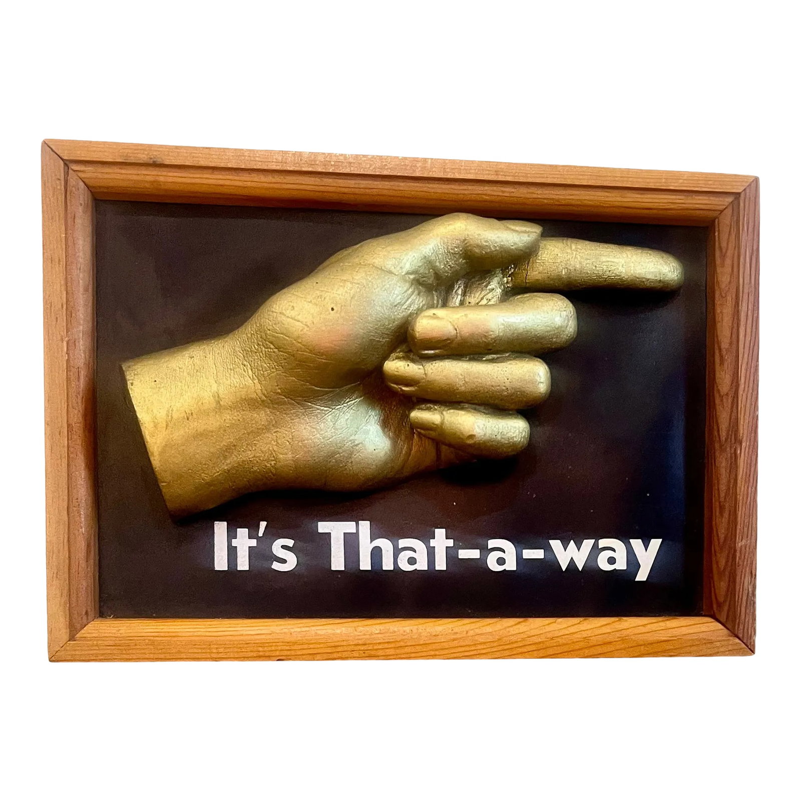 Vintage 1962 Framed Plaster Gold Cast Hand Wall Art "It's That-A-Way": This plaster hand was cast and dated on 9/9/62. The kit came from The Leisure Game Co Inc., as is shown stamped on the back of the picture. The hand is attached to a piece of thick black paper