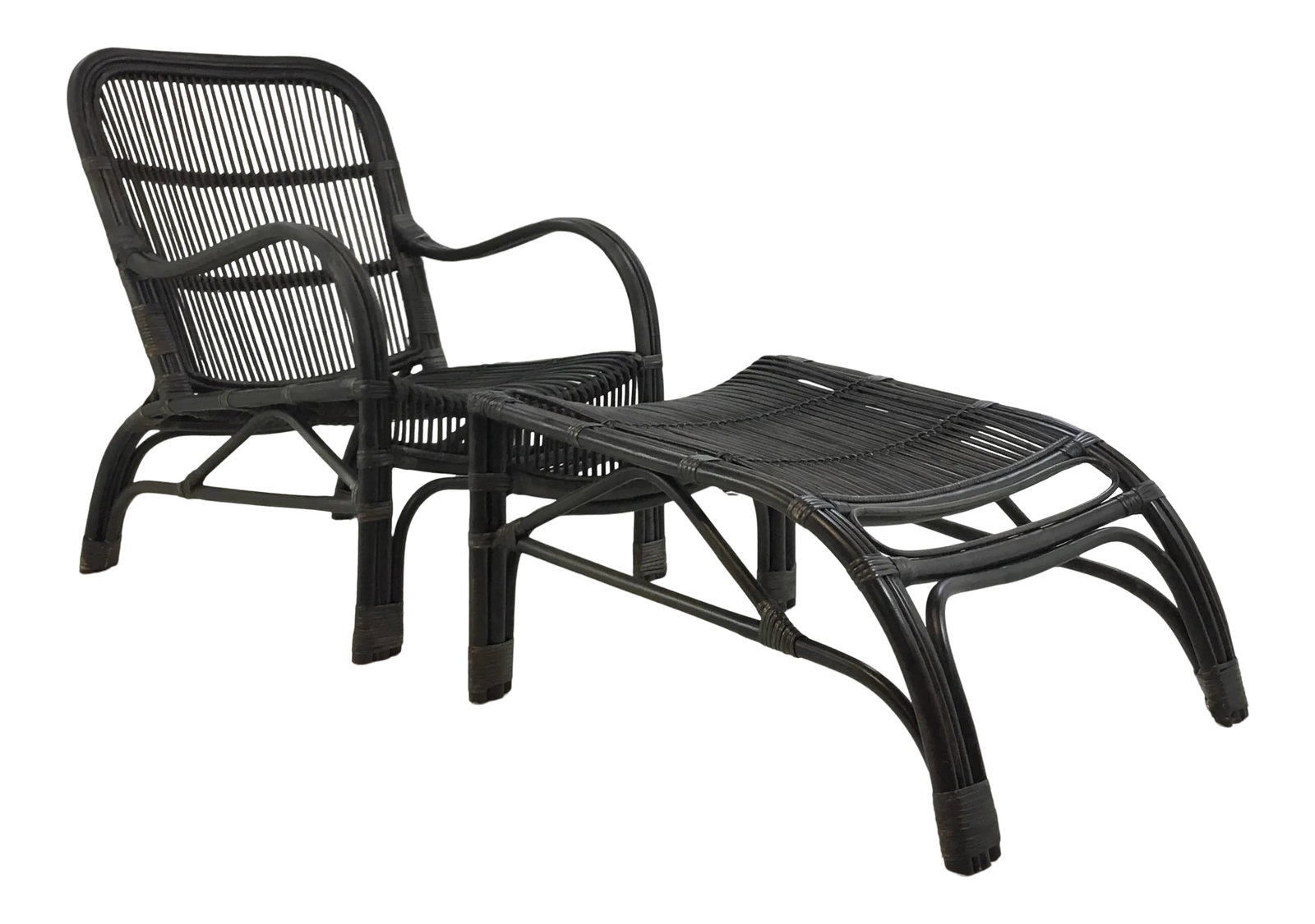 Asian Modern Black Rattan Chair and Footstool Set of Two: Stylish Asian Modern Black Rattan Chair and Footstool Set of Two, showroom floor sample Footstool dimensions: 24.5W x 27D x 13.5H Condition: Imperfections: Some Imperfections Condition Notes: Showroom
