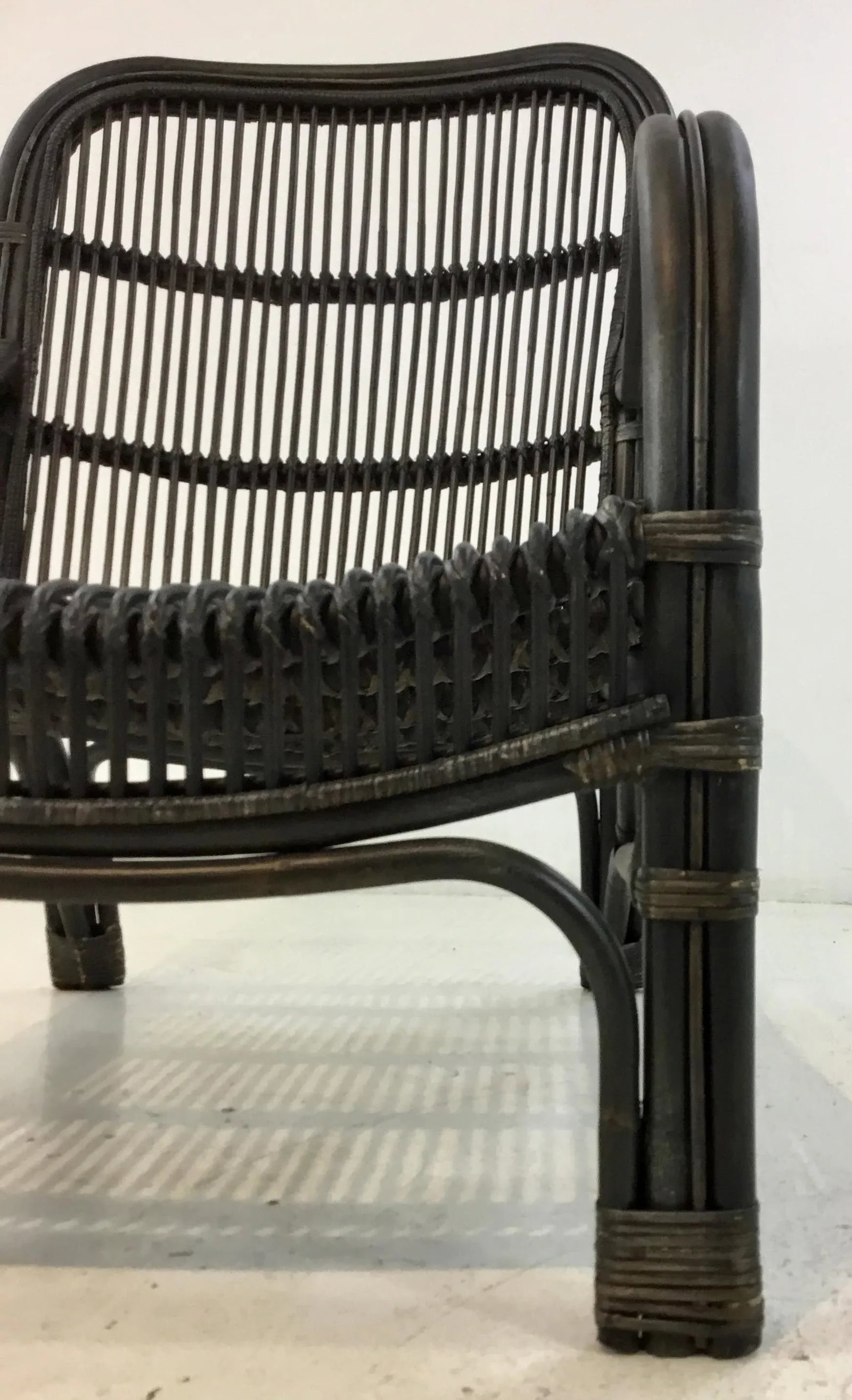 Asian Modern Black Rattan Chair and Footstool Set of Two - 4