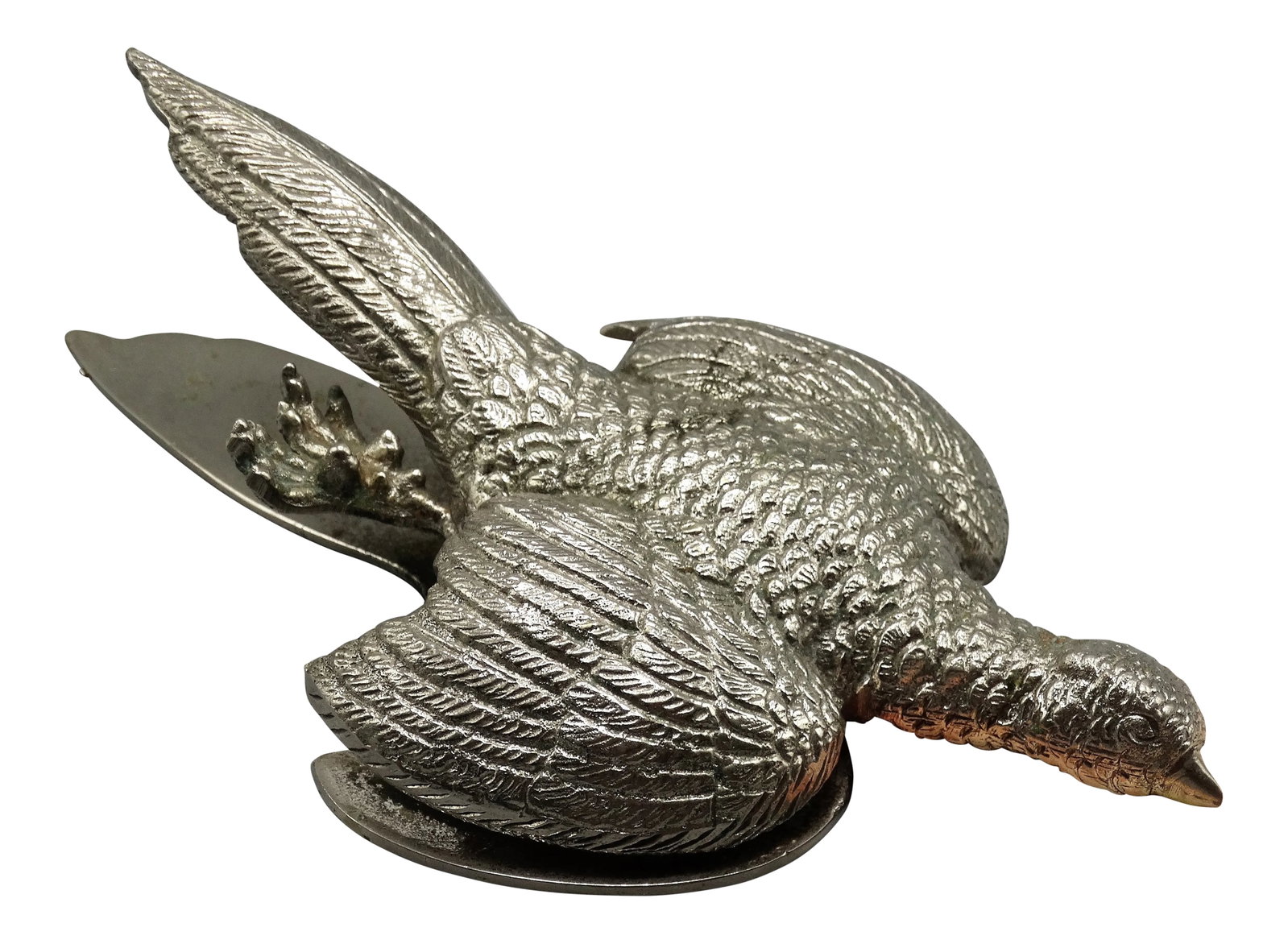 French Silver-Plate Pheasant Note Clip: A fine quality French figural pheasant note clip for letters and correspondence. It is well cast bronze plated with silver, and heavy with nice detail. We estimate the age to be mid 20th-Century. It