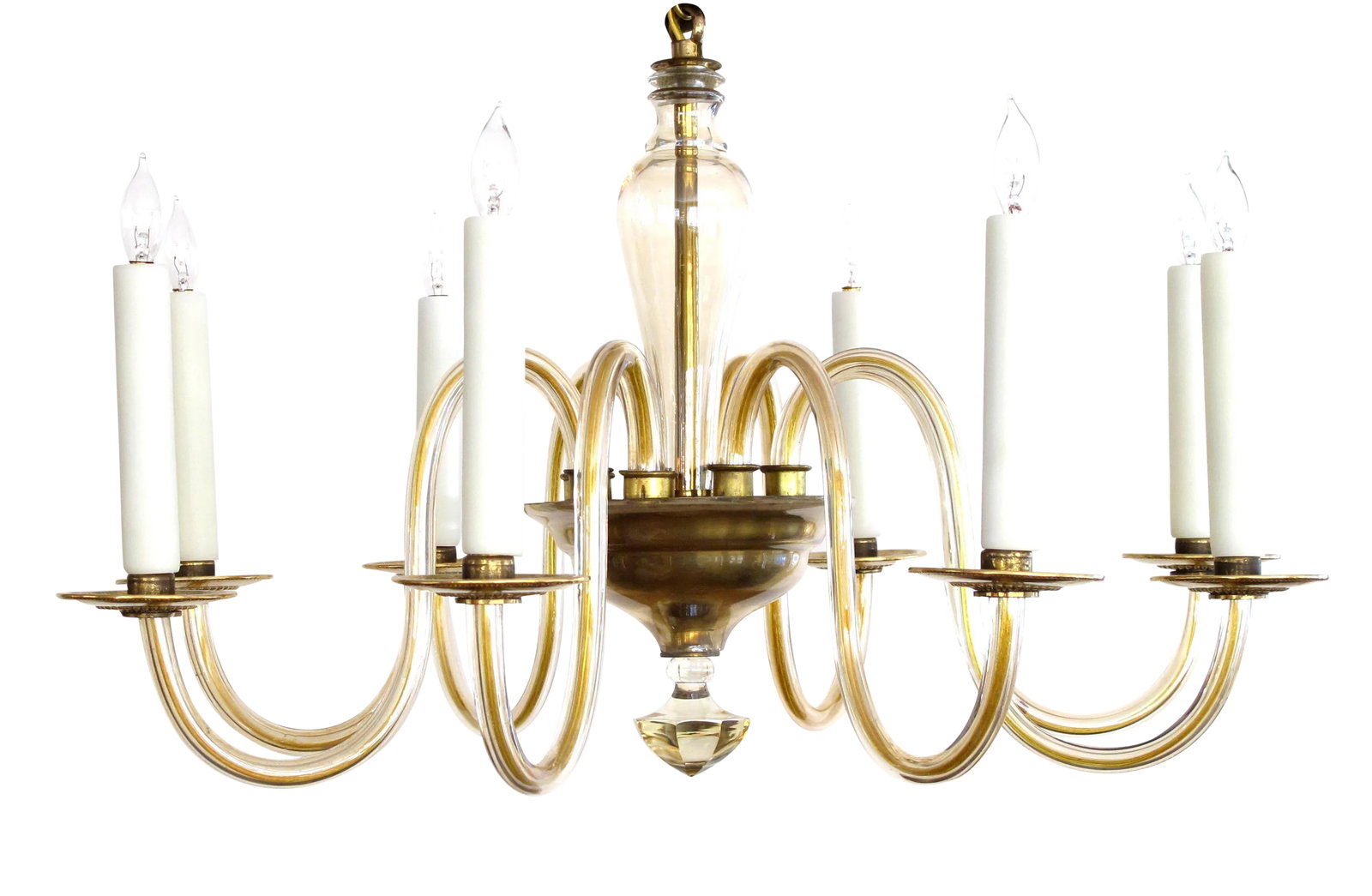 Shapely Murano 1950s Pale Gold Glass Eight-Light Chandelier: A shapely Murano 1950s pale gold glass eight-light chandelier; the baluster support surrounded by eight deeply scrolled arms joining a bowl with faceted pendant. Condition: Alterations: Unknown Imperf
