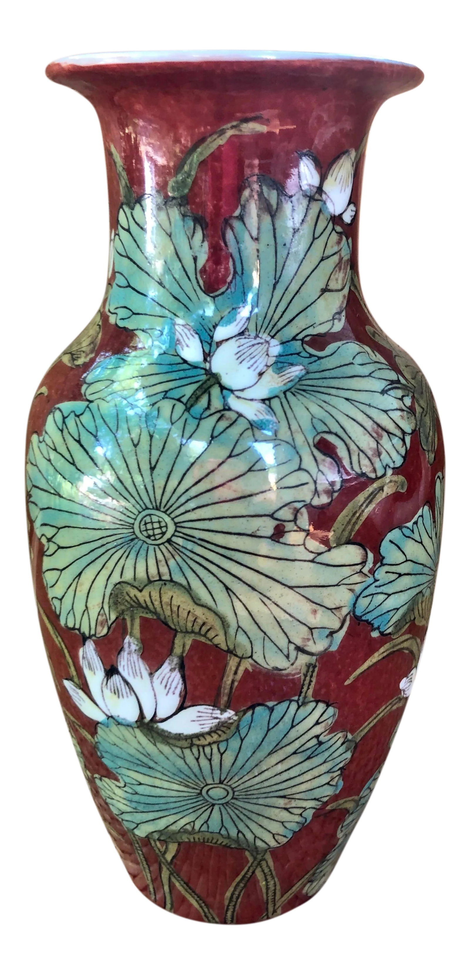 Vintage Mid Century Asian Hand Painted Floral Lotus Porcelain Vase: An attractive Asian export vase. All hand painted with lotus flower motifs throughout. The background is a brick red and varying shades of greens comprise the lotus pads. Excellent detail for a