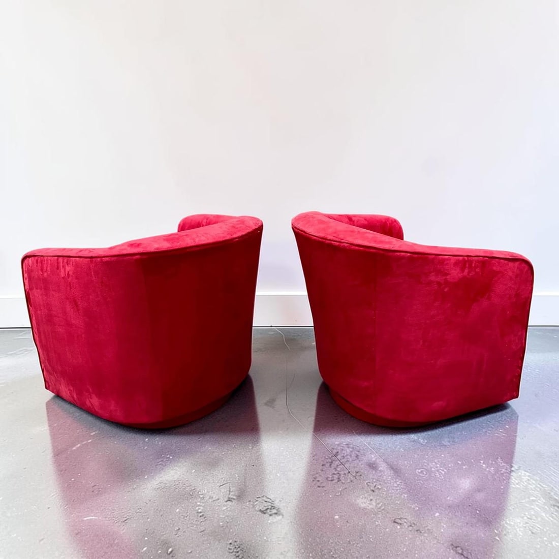 Red Suede Swivel Club Chairs - a Pair - 4