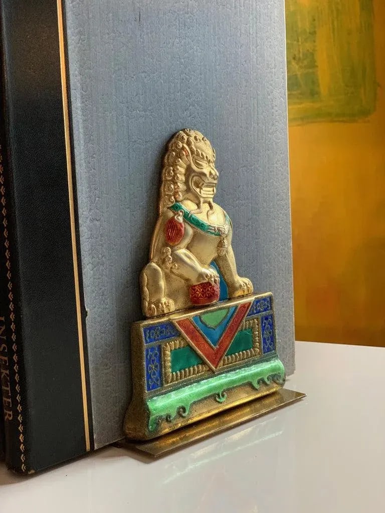 Brass and Enamel Foo Dog Bookends - 2