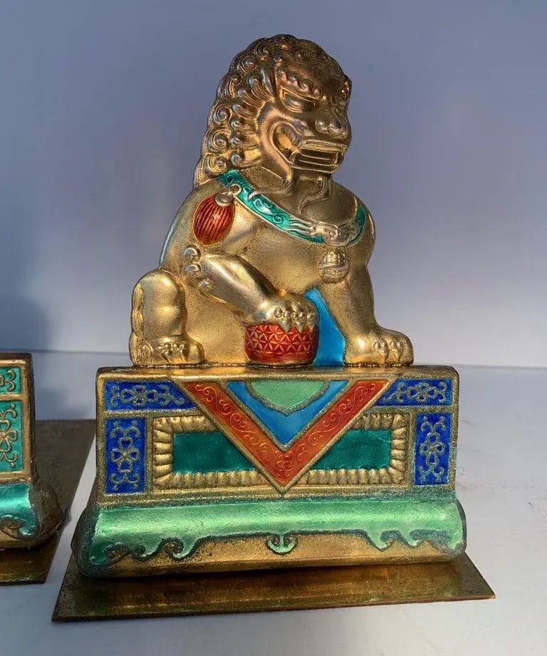 Brass and Enamel Foo Dog Bookends - 3