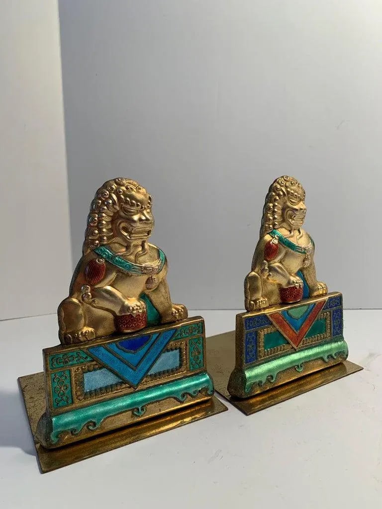 Brass and Enamel Foo Dog Bookends - 4