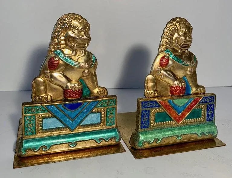 Brass and Enamel Foo Dog Bookends - 5