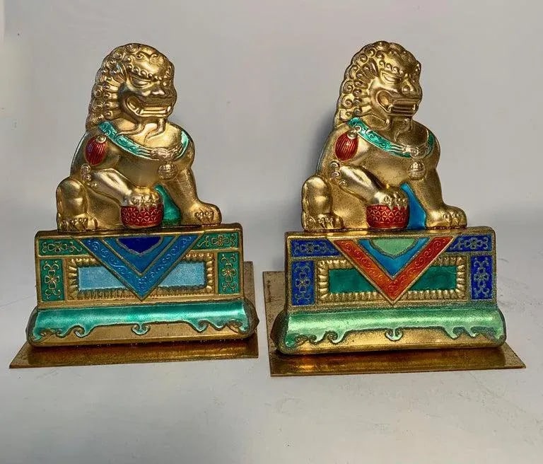 Brass and Enamel Foo Dog Bookends - 7