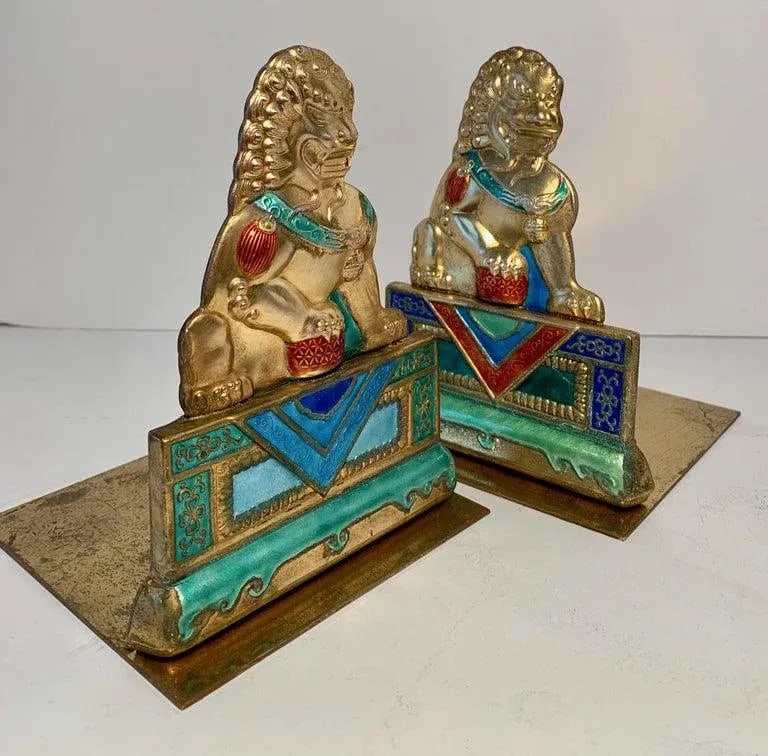 Brass and Enamel Foo Dog Bookends - 8