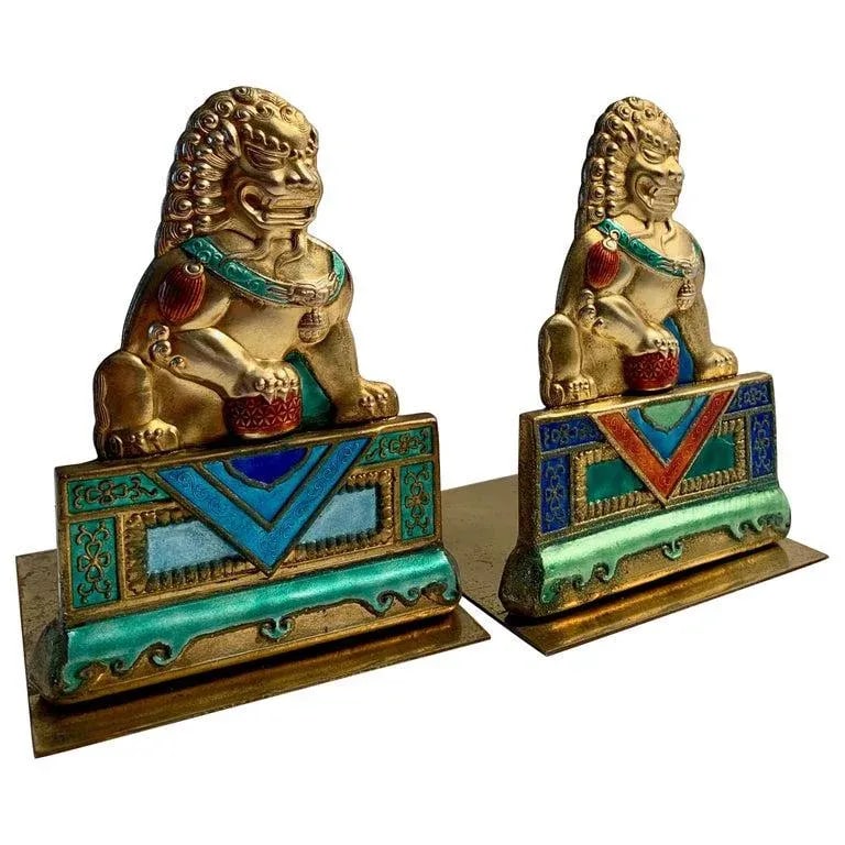 Brass and Enamel Foo Dog Bookends - 9