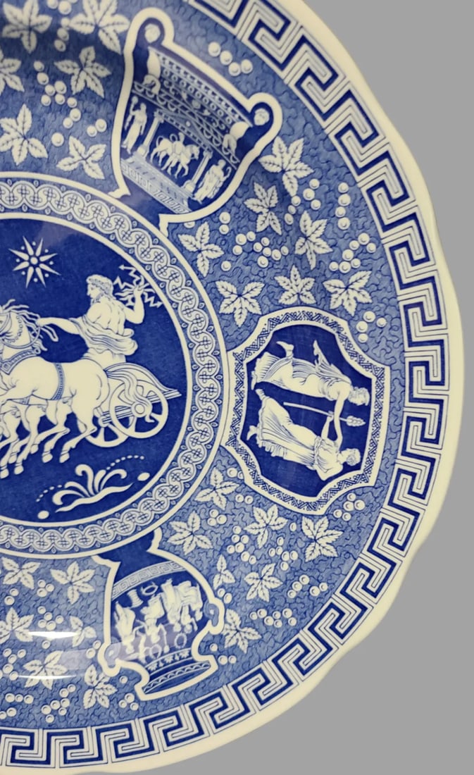 Late 20th Century Blue & White Neoclassical Greek Key Mythological God Zeus Figural Spode Plate, Mad - 2