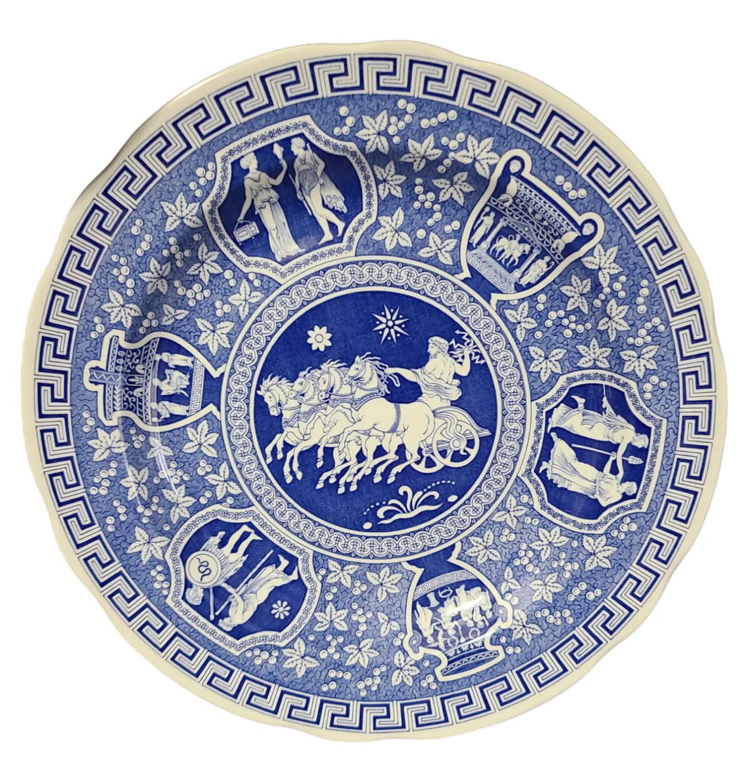 Late 20th Century Blue & White Neoclassical Greek Key Mythological God Zeus Figural Spode Plate, Mad - 7