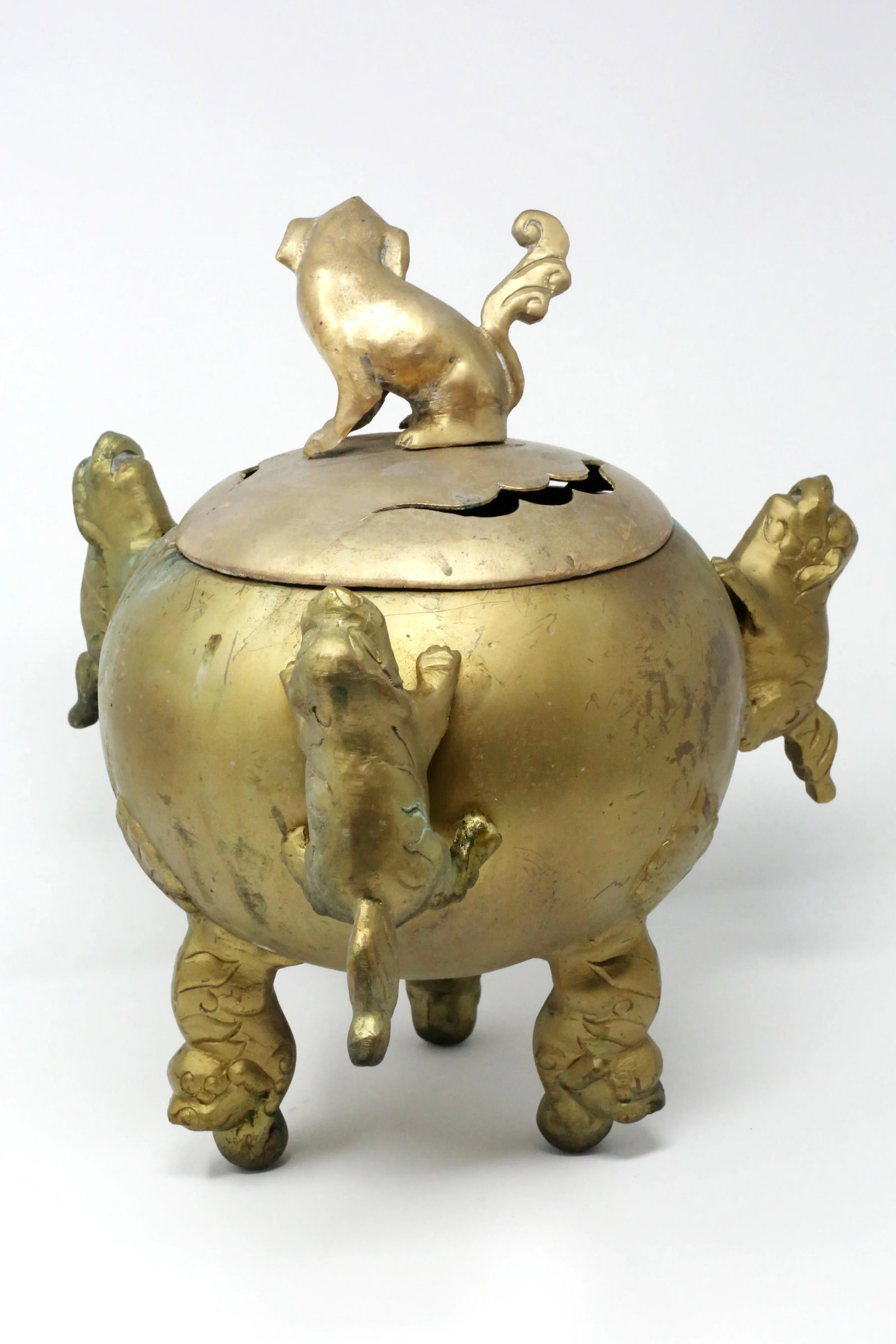 Vintage Large and Heavy Brass Foo Dog Koro or Incense Pot - 9