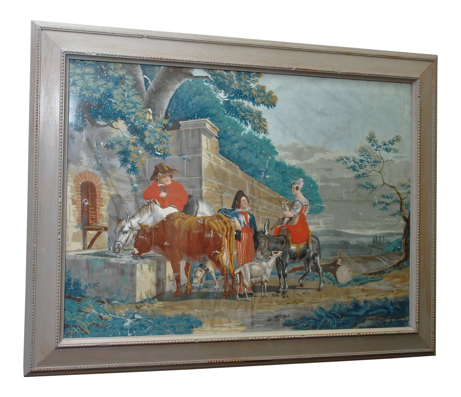 Large Early 19th C. Gouache Painting, "By the Water Trough": A turn of the 18th, 19th century French gouache or fragment of a wallpaper panel depicting a gathering of people and animals at a fountain by a wall. This charming artwork is a good example of scenic 