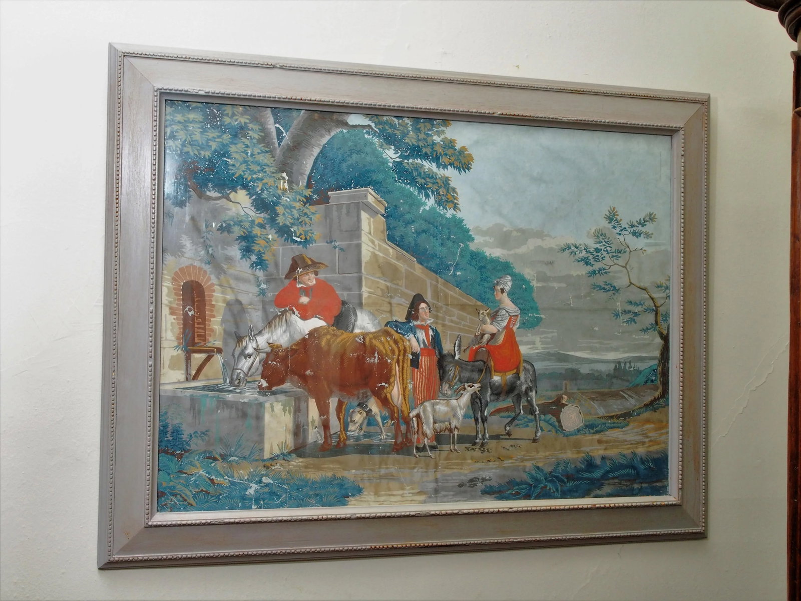 Large Early 19th C. Gouache Painting, "By the Water Trough" - 2