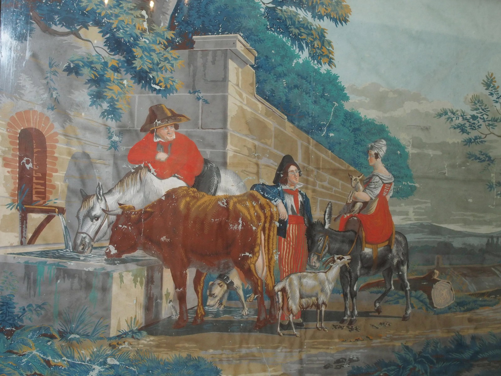 Large Early 19th C. Gouache Painting, "By the Water Trough" - 3