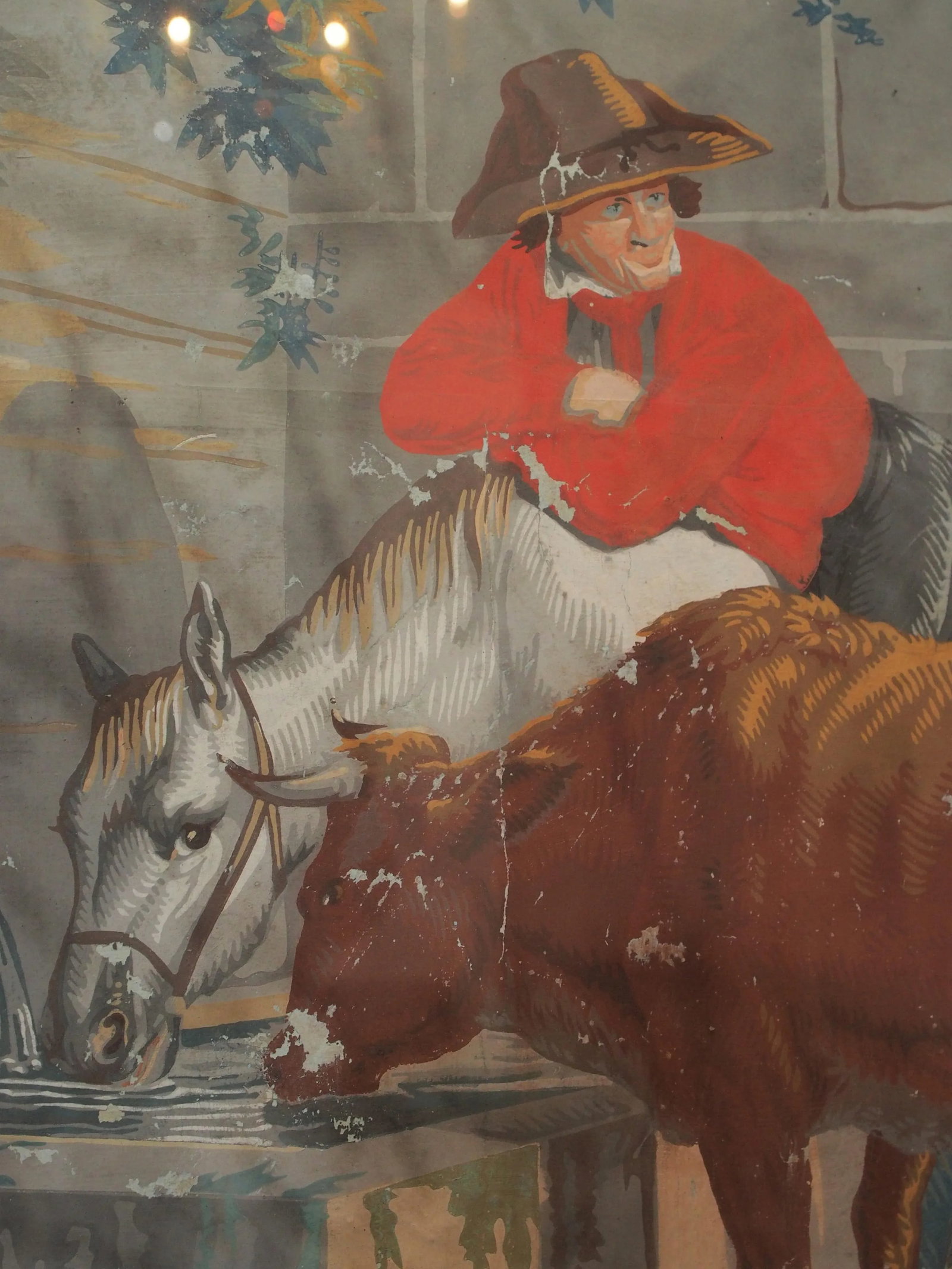 Large Early 19th C. Gouache Painting, "By the Water Trough" - 4