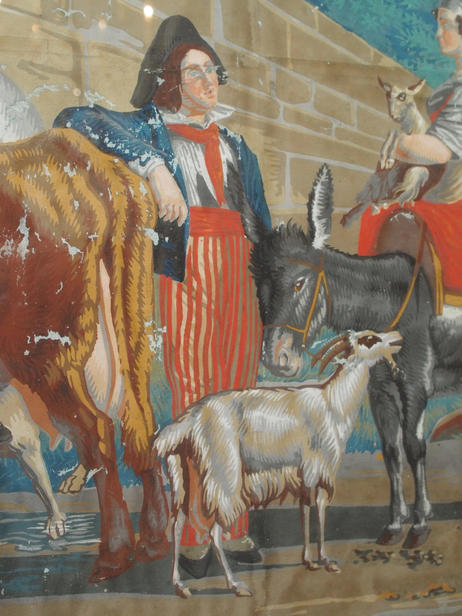 Large Early 19th C. Gouache Painting, "By the Water Trough" - 5