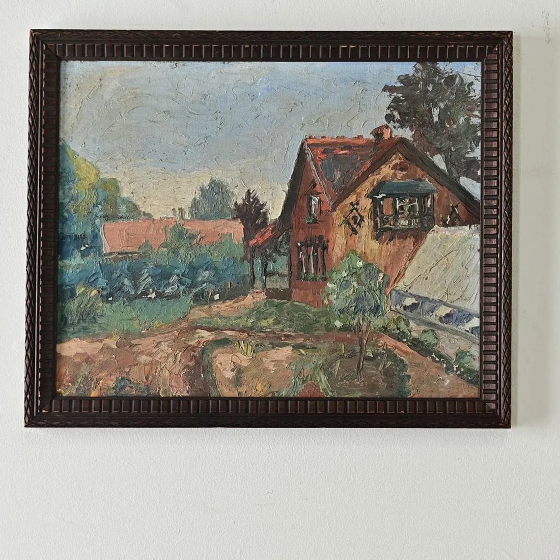 French Vintage Framed Painting of a Homestead - 2