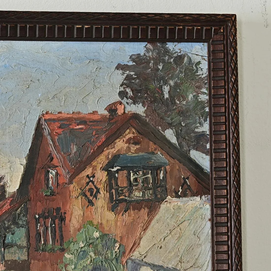 French Vintage Framed Painting of a Homestead - 3