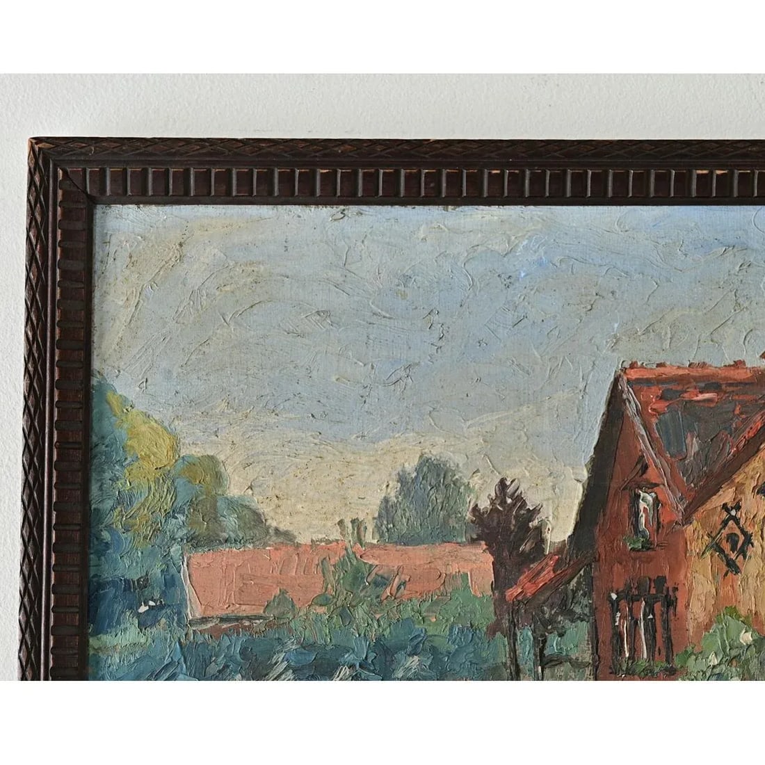 French Vintage Framed Painting of a Homestead - 4