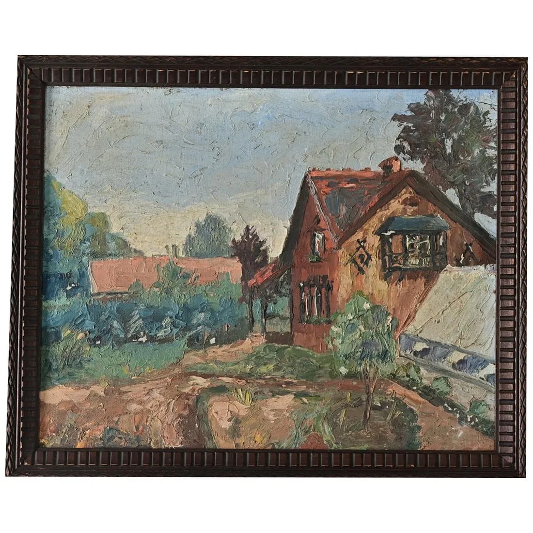 French Vintage Framed Painting of a Homestead - 9