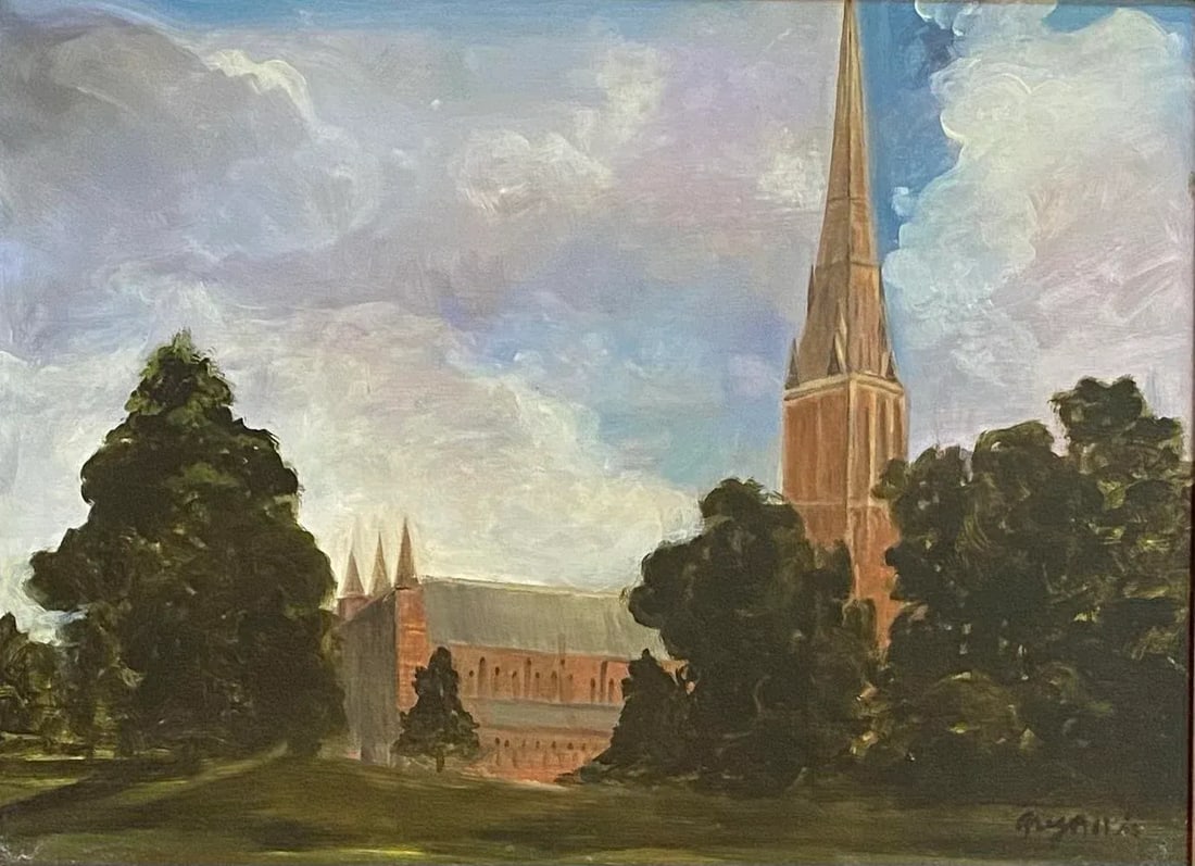 1990s "Salisbury Cathedral" Oil Painting by Satori Gregorakis., Framed - 2