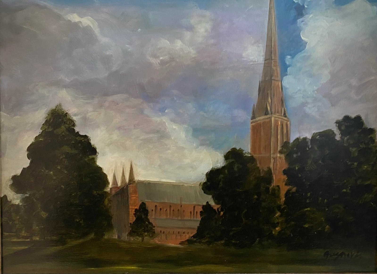 1990s "Salisbury Cathedral" Oil Painting by Satori Gregorakis., Framed - 3