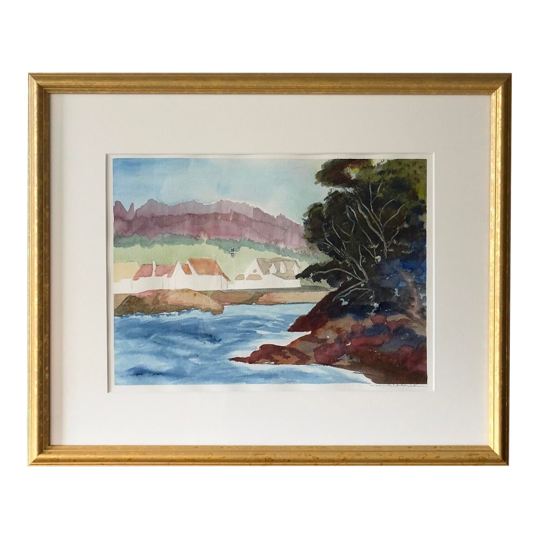Framed Original Landscape Watercolor Painting: Watercolor painting depicting an old military barracks along a river. Signed by artist. Vintage gold frame. Newly framed with UV-protective glass. 21.5" x 17.25" Condition: Alterations: Original Condi