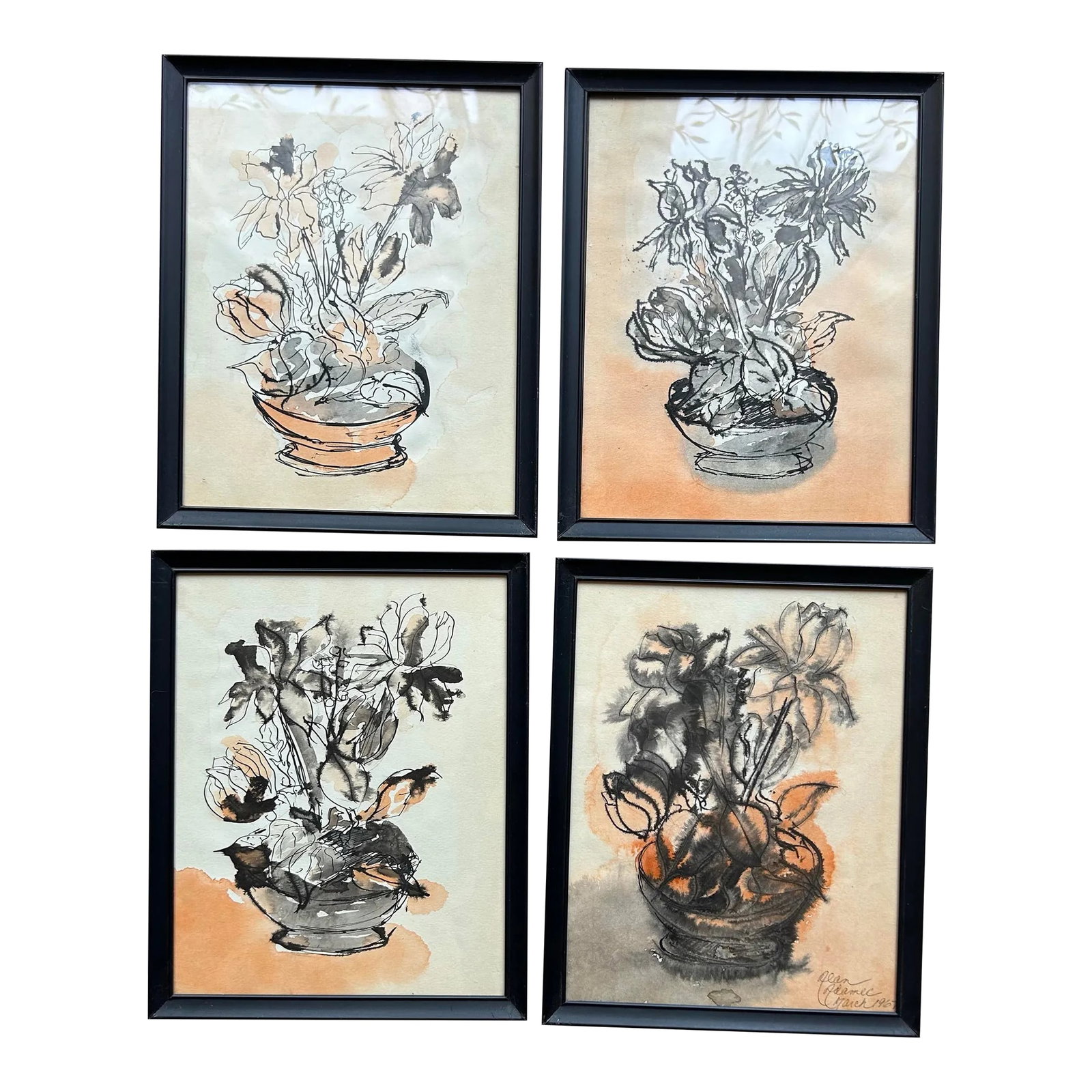 1967 Impressionist Style Set of 4 Pen & Ink Watercolors of Flowers: Vintage 1967, impressionist style, set of four pen & ink watercolors of flowers. One is signed and dated to the lower right 'Alan Adamec 1967'. Each image measures 7 x 9". Condition: Alterations: