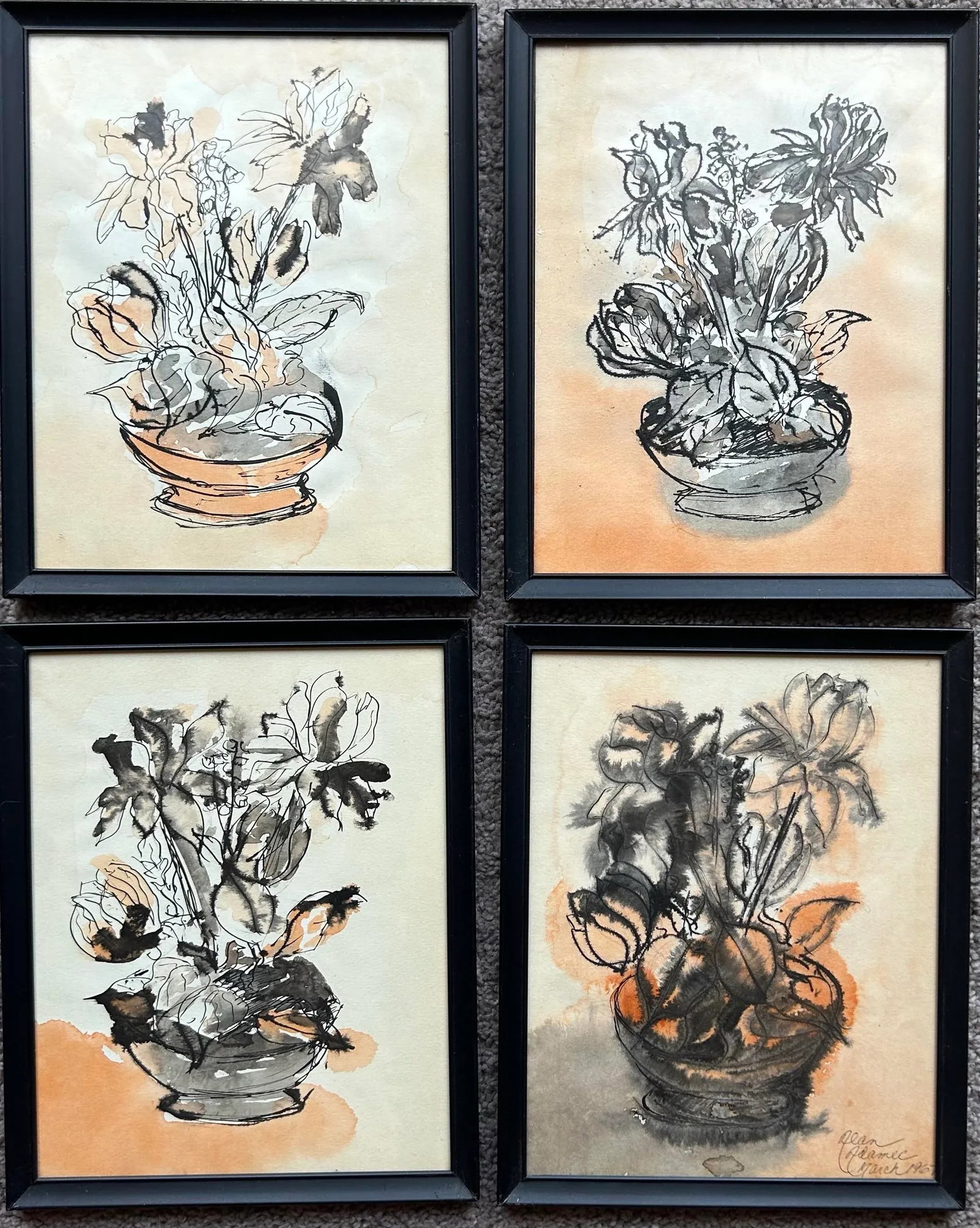 1967 Impressionist Style Set of 4 Pen & Ink Watercolors of Flowers - 2
