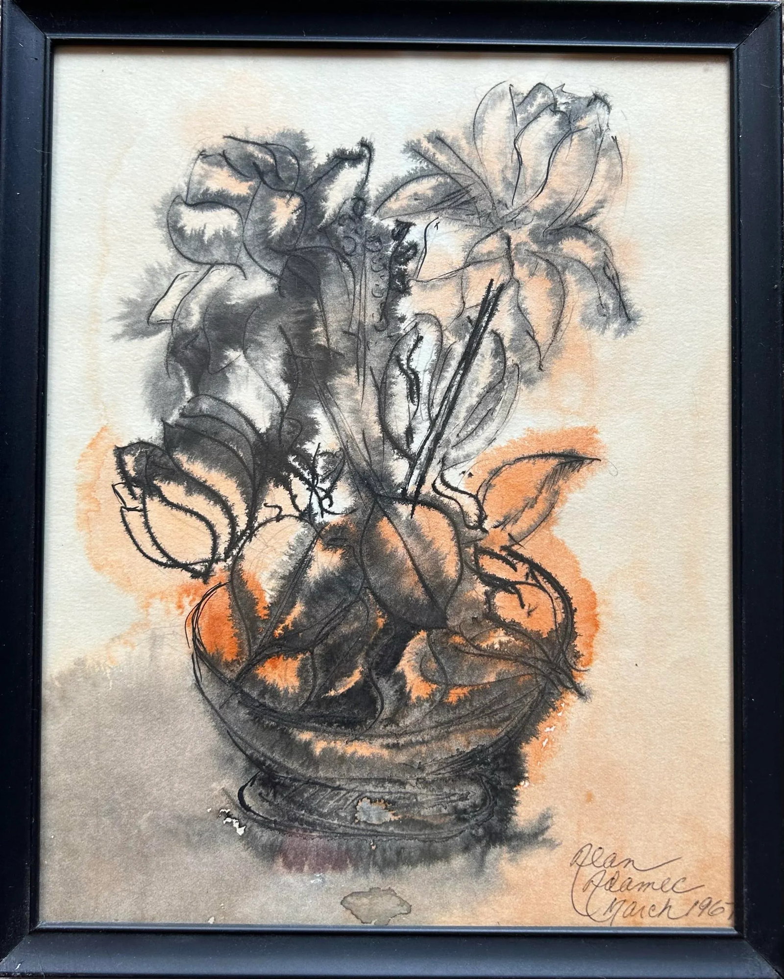 1967 Impressionist Style Set of 4 Pen & Ink Watercolors of Flowers - 3