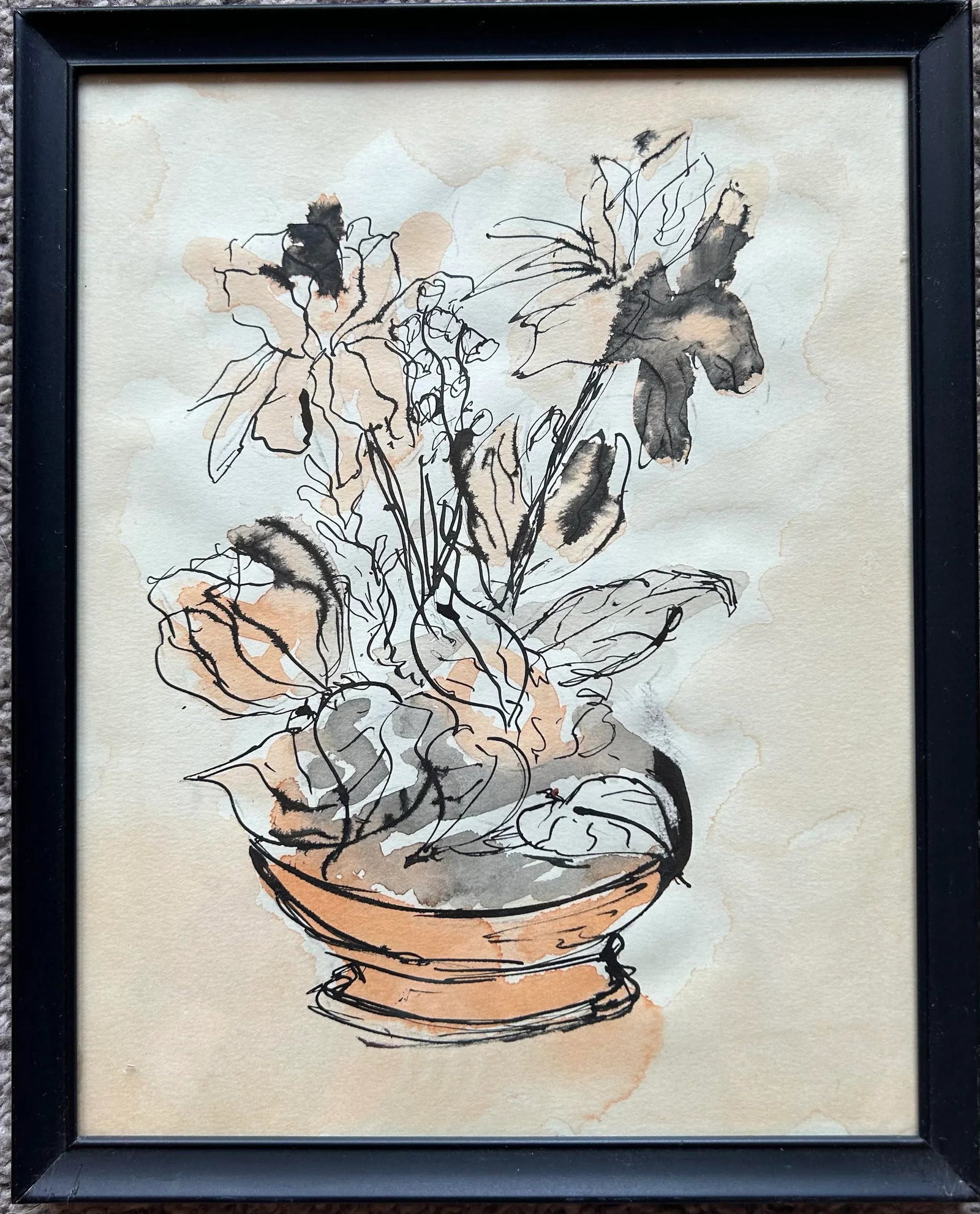 1967 Impressionist Style Set of 4 Pen & Ink Watercolors of Flowers - 7