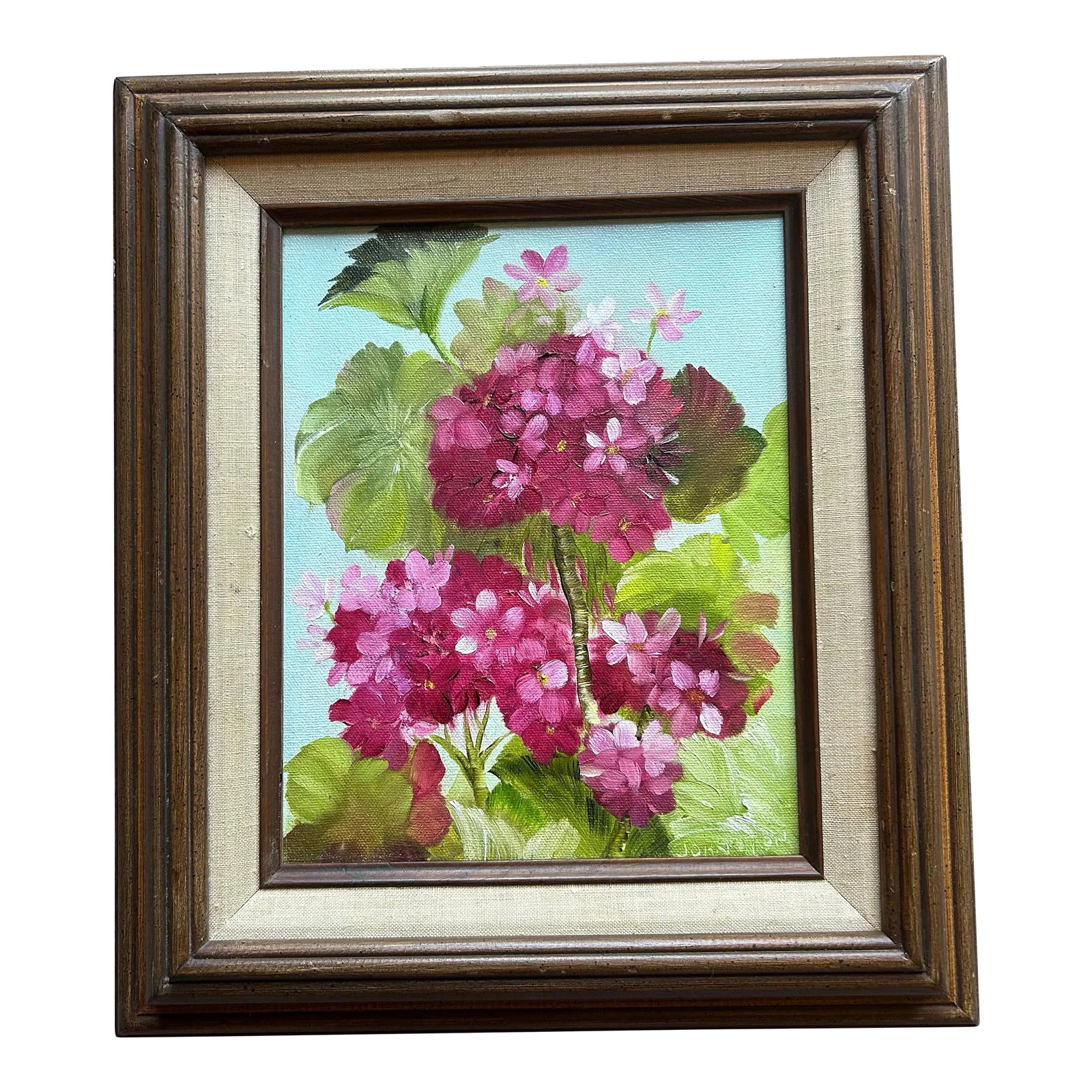 Vintage Oil Painting of Pink & Green Flowers 8 X 10" Framed: Vintage original oil painting of pink flowers with green leaves. Signed to the lower right corner. In vintage wood frame. Condition: Alterations: Original Condition Unaltered Imperfections: Some Imper