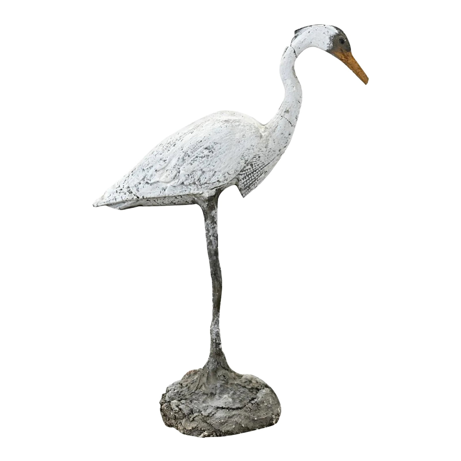 English 20th Century Signed Egret Statue: Dimensions: 37 1/2" H x 11" W x 24 1/2" D This whimsical hand-painted, hand-sculpted representation of a standing egret will add charm and character to your garden or interior. The bird and its base a