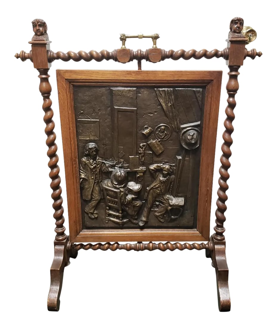 C. 1880 English Arts and Crafts Movement Hammered Copper Oak Rotating Fireplace Screen Signed "Dase": Up for sale is a Circa 1880 English Arts and Crafts Movement Hammered Copper Oak Rotating Fireplace Screen Signed "DASE"! It measures 36 1/2" tall, 29" wide, and 13 3/8" deep. The piece is in