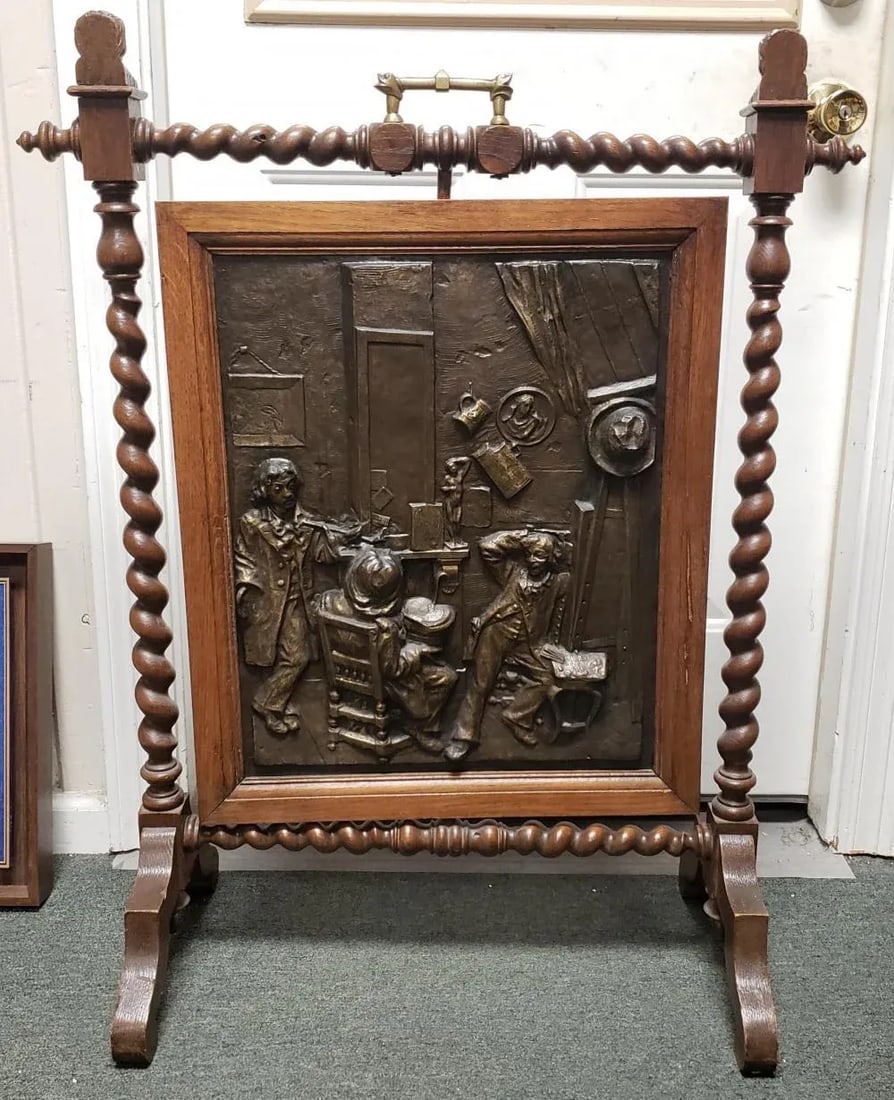 C. 1880 English Arts and Crafts Movement Hammered Copper Oak Rotating Fireplace Screen Signed "Dase" - 3