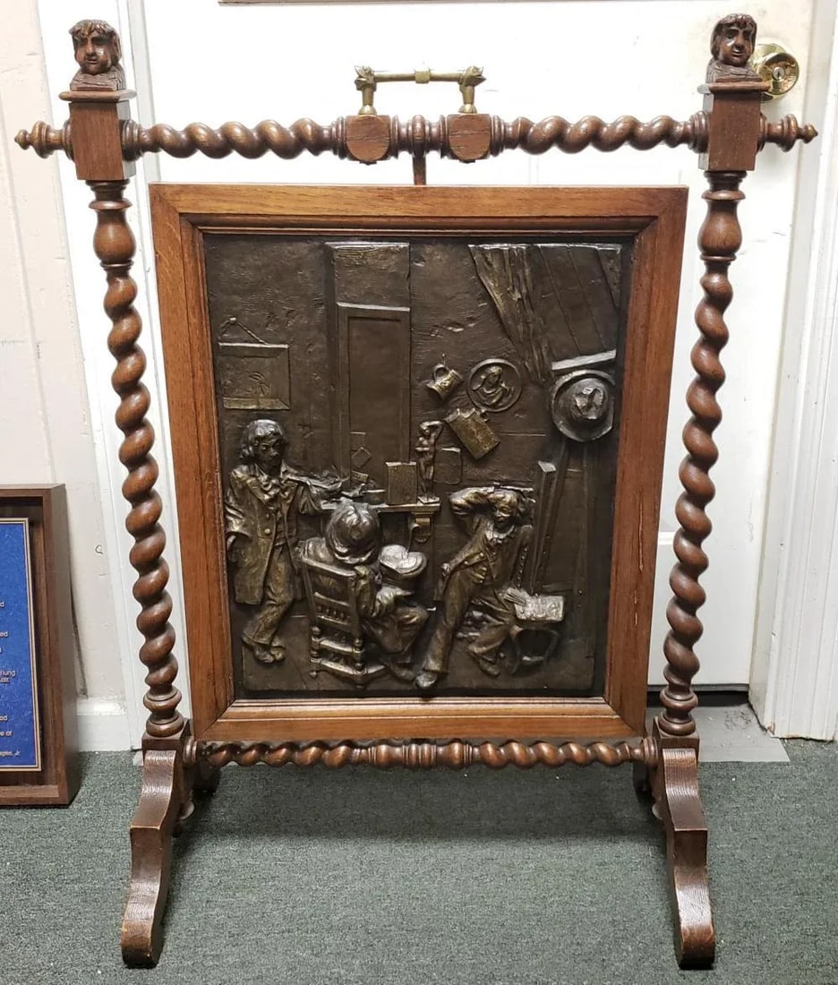 C. 1880 English Arts and Crafts Movement Hammered Copper Oak Rotating Fireplace Screen Signed "Dase" - 5