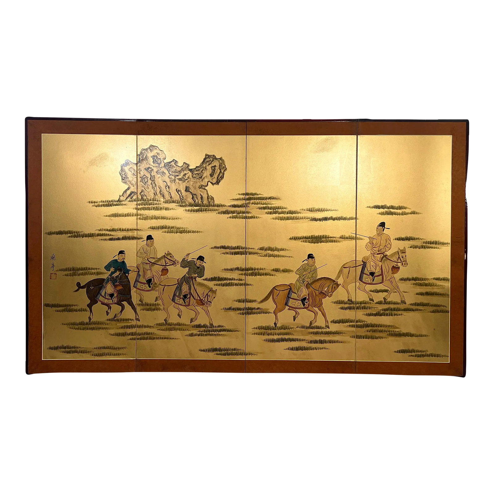 Horses on the Plains, Japanese Byobu Style Four Panel Gold Folding Half Screen / Wall Hanging, Showa - 2