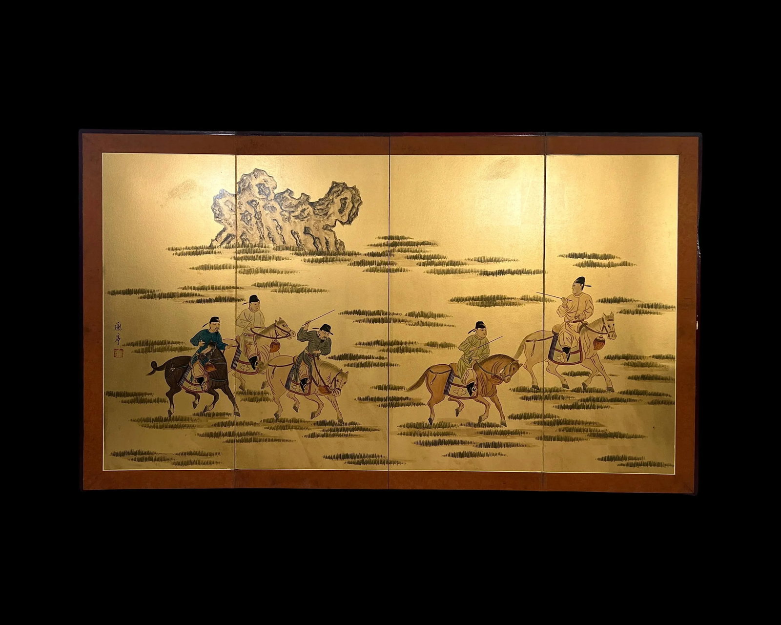 Horses on the Plains, Japanese Byobu Style Four Panel Gold Folding Half Screen / Wall Hanging, Showa - 3