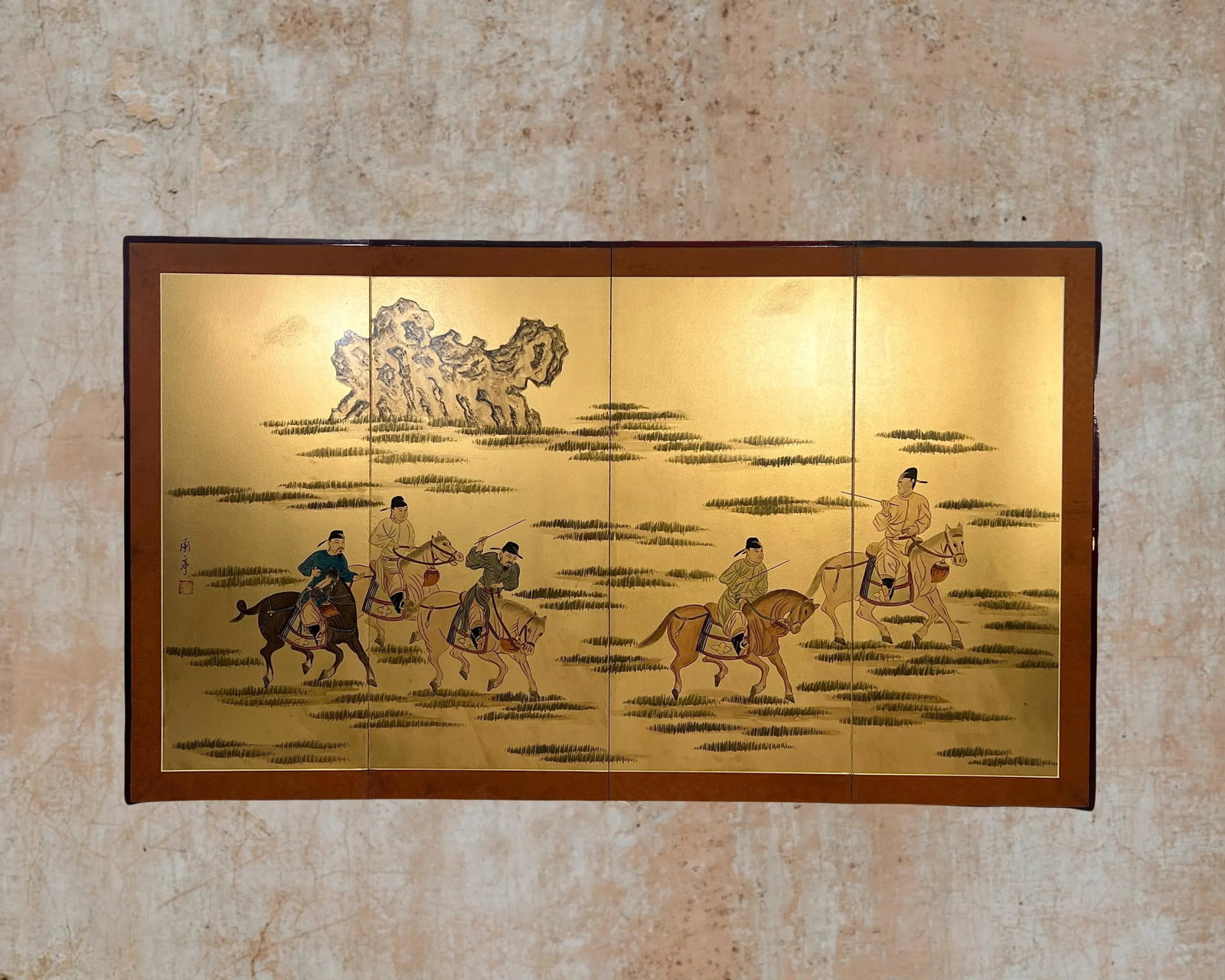 Horses on the Plains, Japanese Byobu Style Four Panel Gold Folding Half Screen / Wall Hanging, Showa - 7