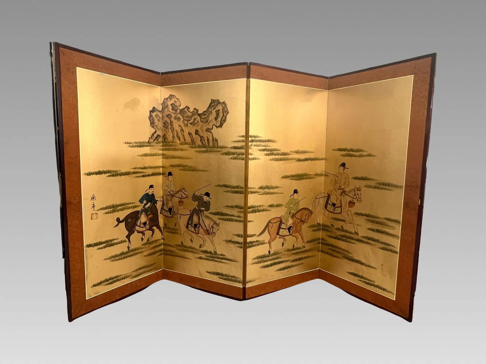 Horses on the Plains, Japanese Byobu Style Four Panel Gold Folding Half Screen / Wall Hanging, Showa - 8